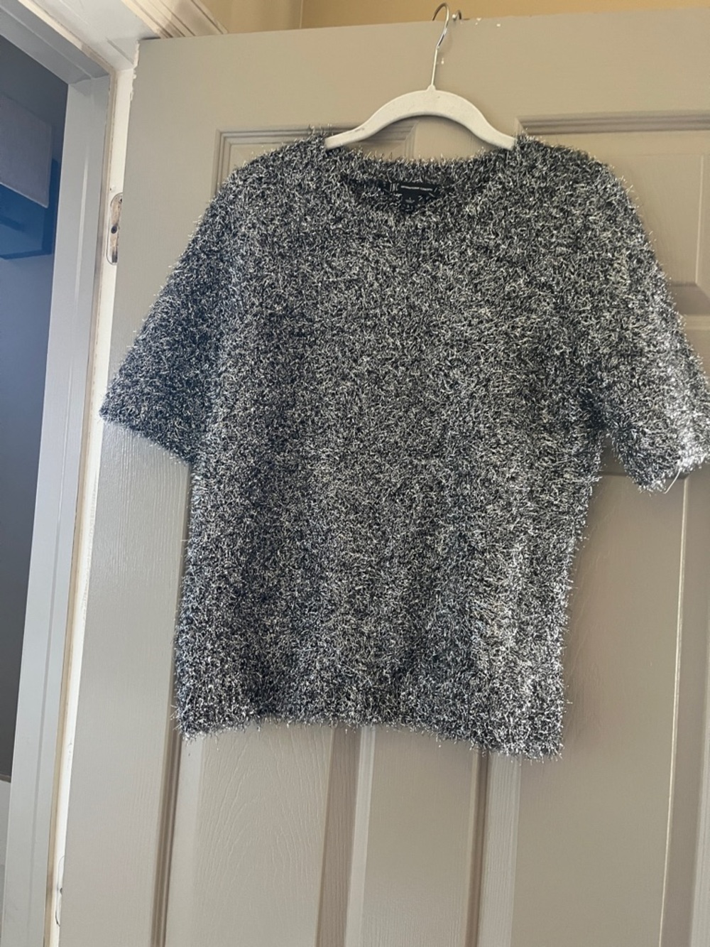 Cozy Metallic Black & White Fuzzy Women's Sweater